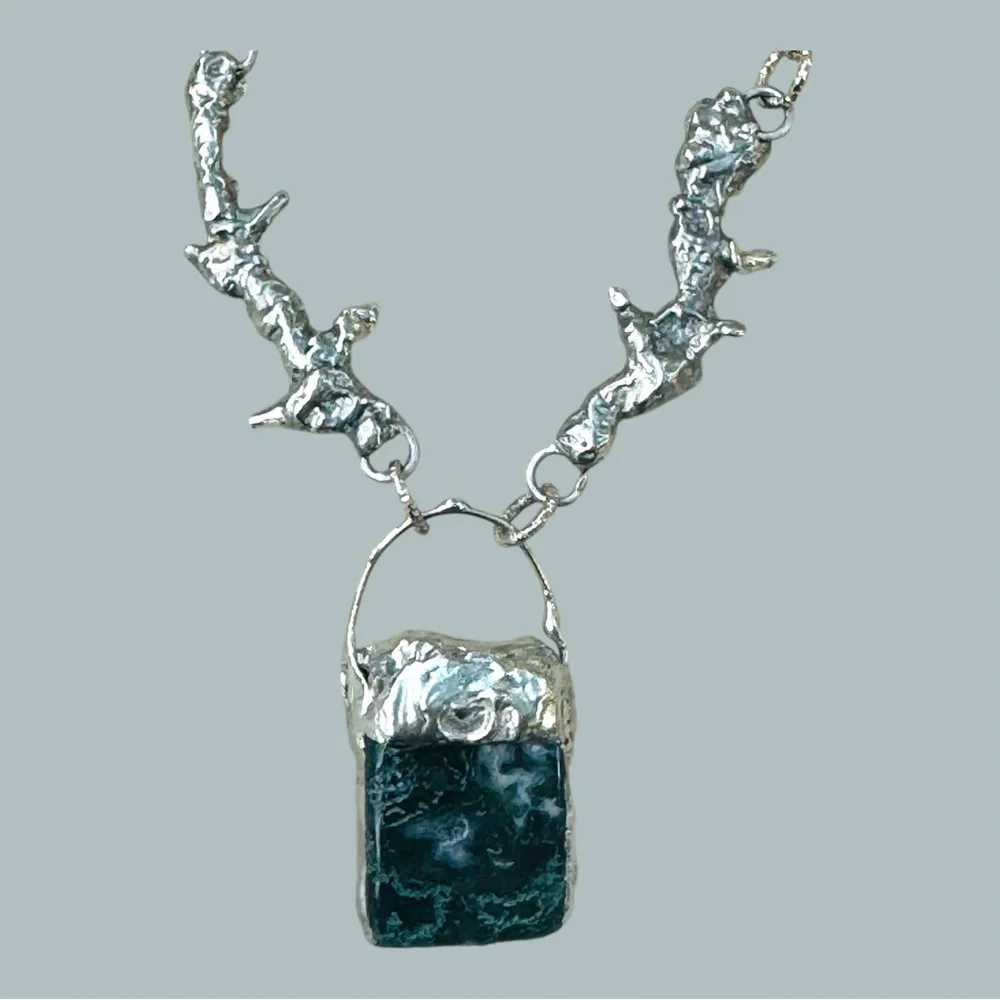 Moss Agate Pendant & Thorn Necklace Crafted w/ Silver Blend Brutalist Metalwork